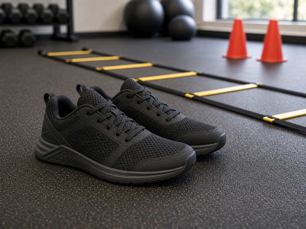 Unbranded black HIIT shoes beside agility ladder and cones on rubber gym flooring