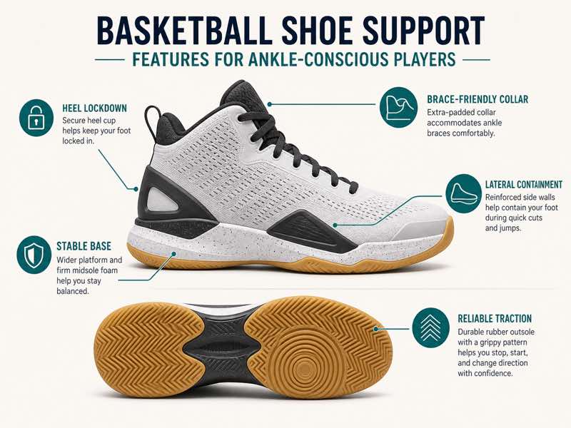 Generic high-cushion running shoe side profile with visual markers for rocker geometry, wide base stability, midsole depth, and outsole grip
