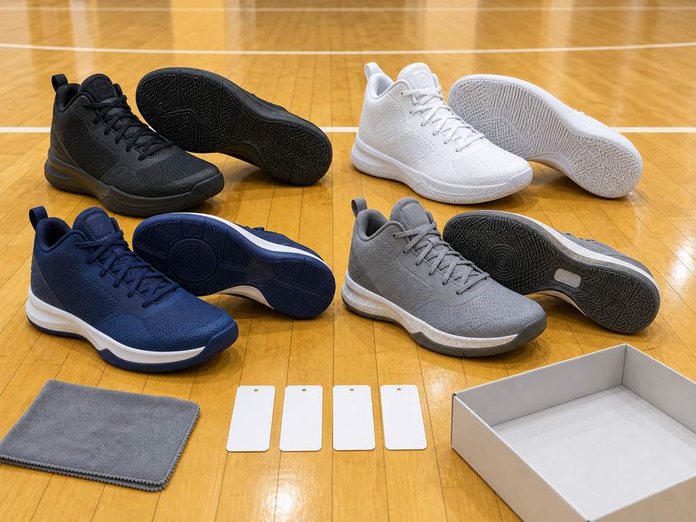 Four unbranded basketball shoe pairs angled to show indoor court traction and tread depth