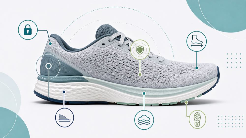 Generic roomy road running shoe side profile with visual checkpoints for toe-box width, heel lockdown, midfoot security, cushioning, stability, and outsole grip