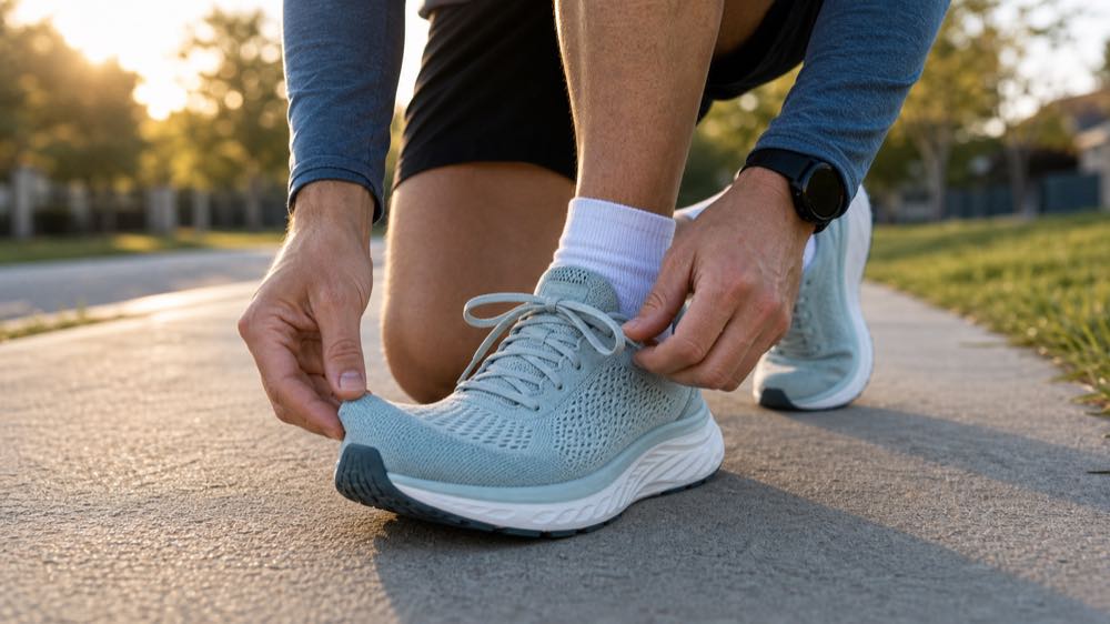 Runner checking toe room and lace fit on generic roomy road running shoes before an easy neighborhood run