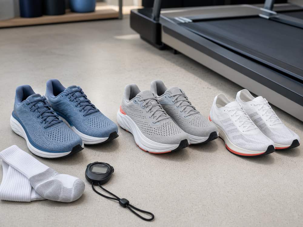 Three unbranded pairs representing everyday supportive and race-day running shoe categories