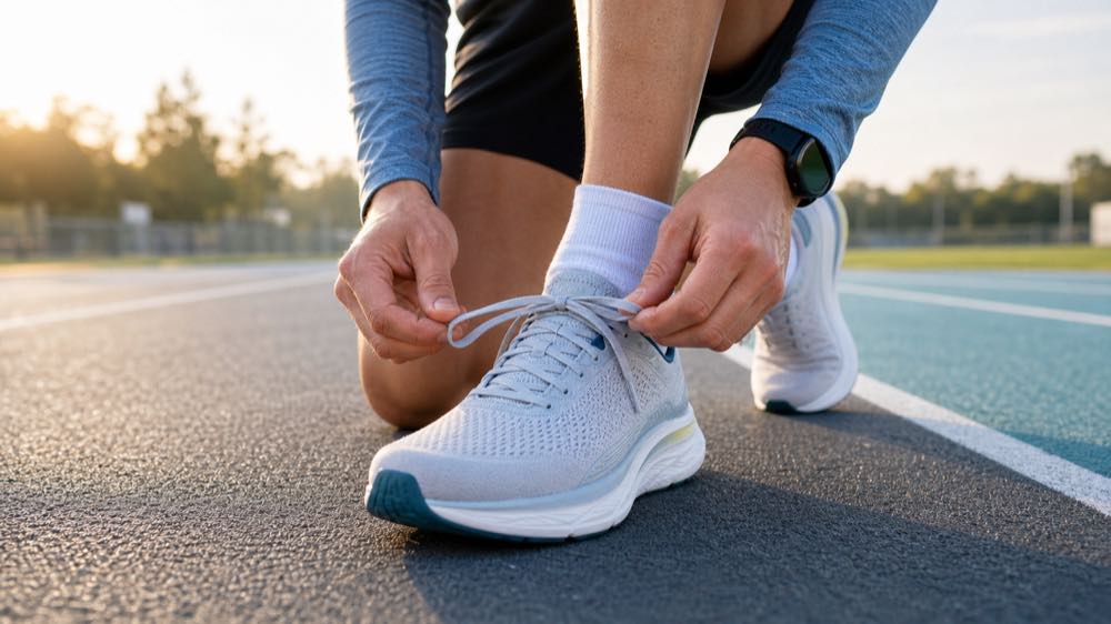 Runner adjusting laces on generic lightweight road running shoes before a track workout to check fit and heel hold