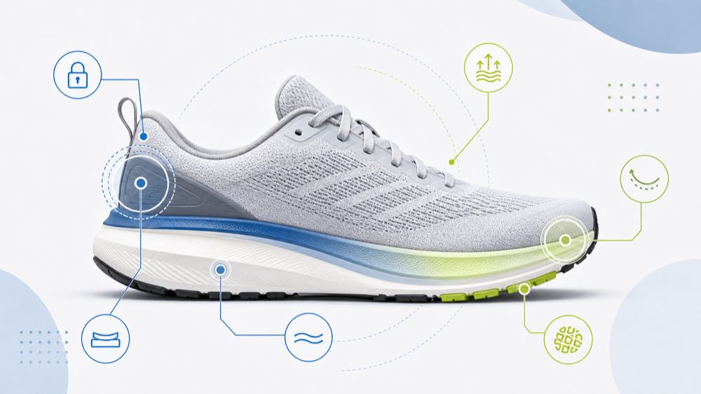 Generic road running shoe side profile with visual checkpoints for responsive cushioning, heel lockdown, forefoot flex, stability, and outsole grip