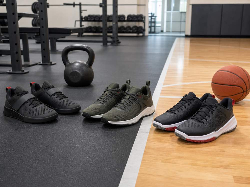 Unbranded lifting mixed-workout and basketball shoes arranged across gym and court surfaces