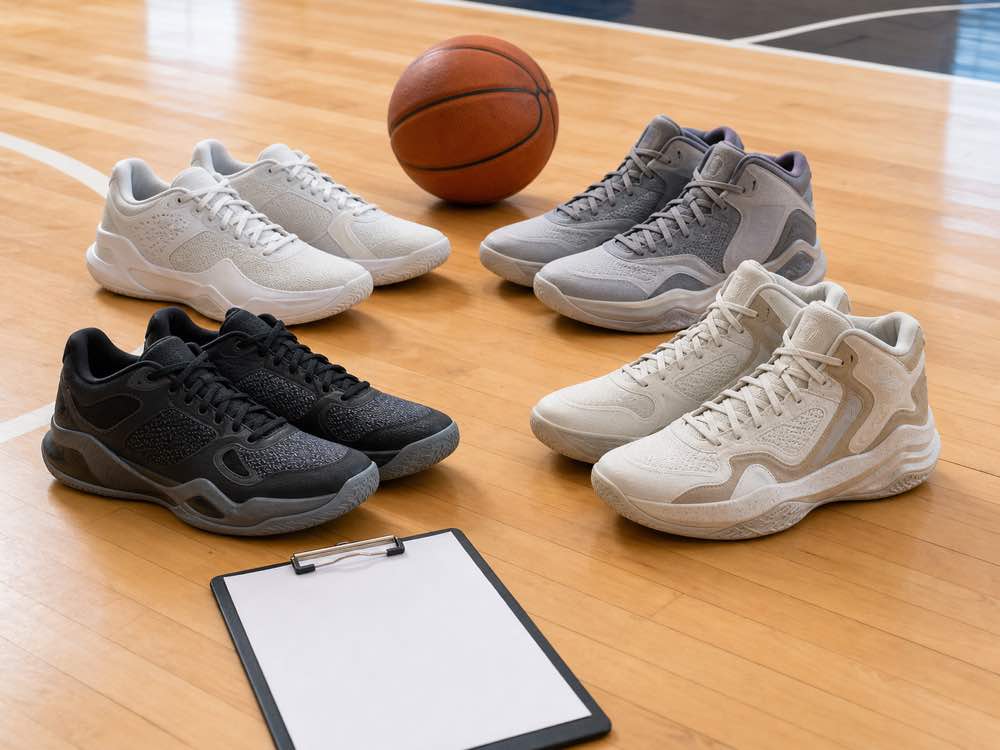 Four unbranded low-top and mid-top basketball shoe pairs on an indoor court