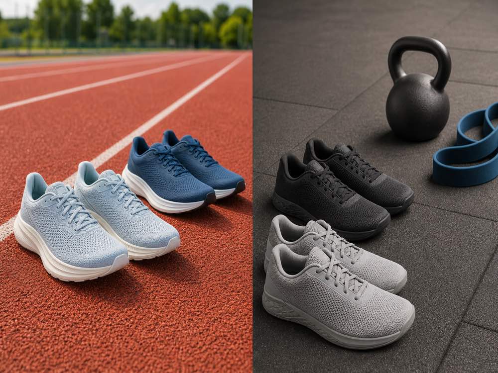 Unbranded cushioned running shoes on a track beside stable training shoes on gym flooring
