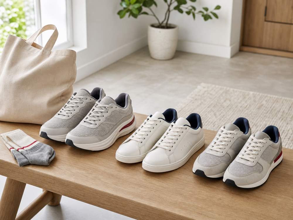 Unbranded cushioned walking leather casual and retro mesh lifestyle shoes on a bright bench