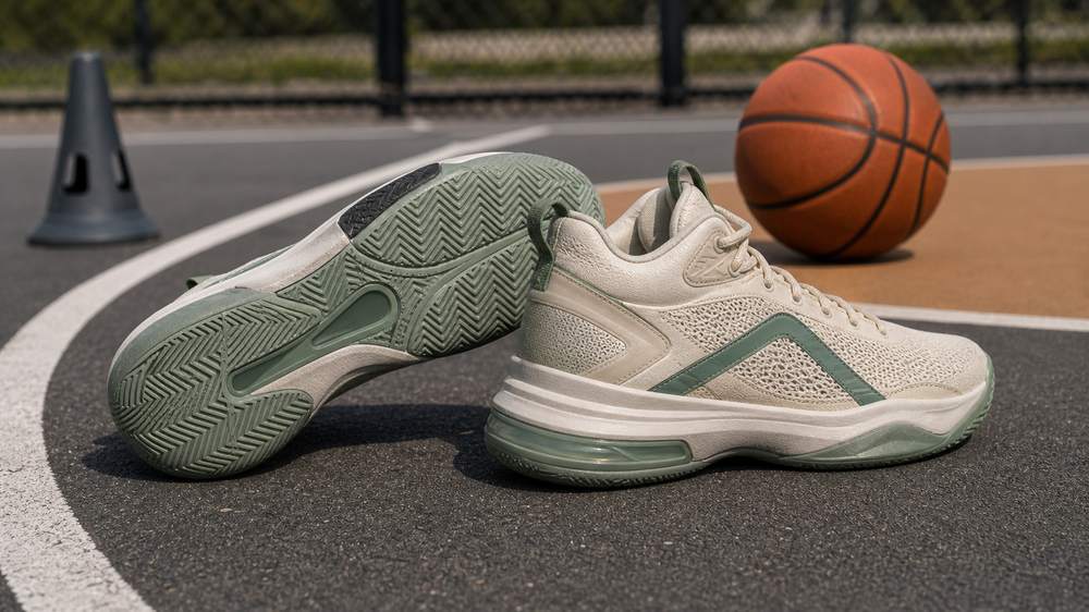 Unbranded outdoor basketball shoes showing outsole tread and midsole stability on a blacktop court