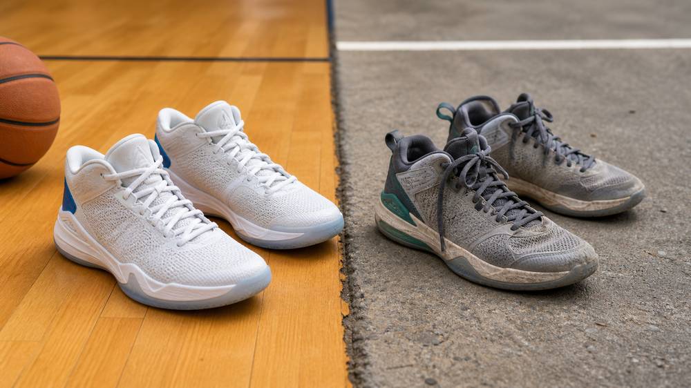 Unbranded basketball shoes comparing clean indoor hardwood use with dusty outdoor concrete court use