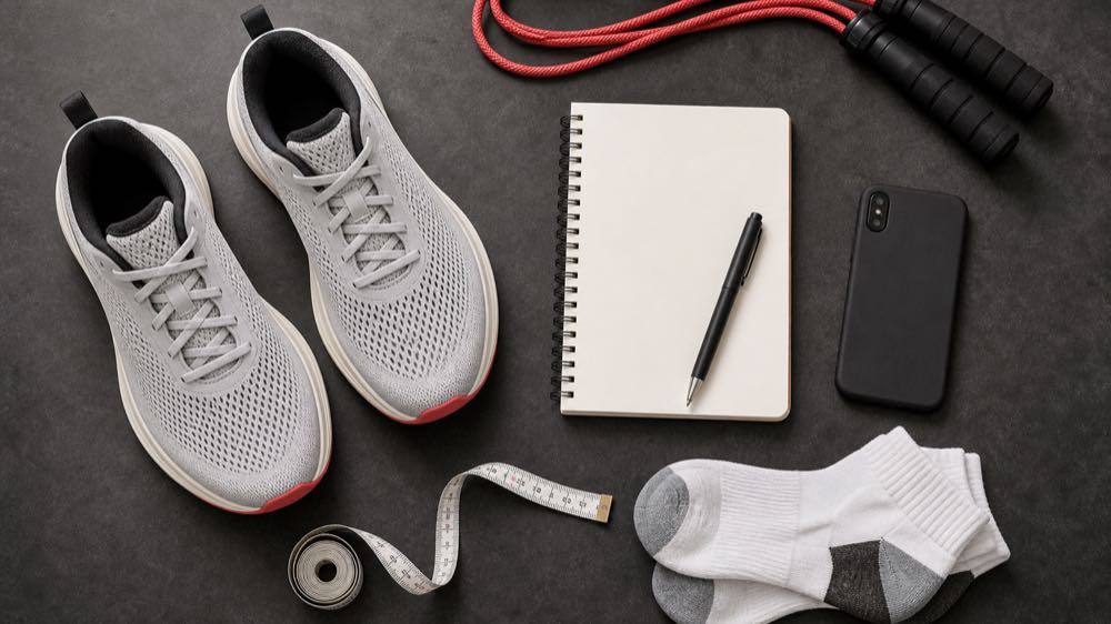 Generic Puma shoes guide flat lay with running shoes, socks, measuring tape, notebook, phone, and jump rope for fit planning