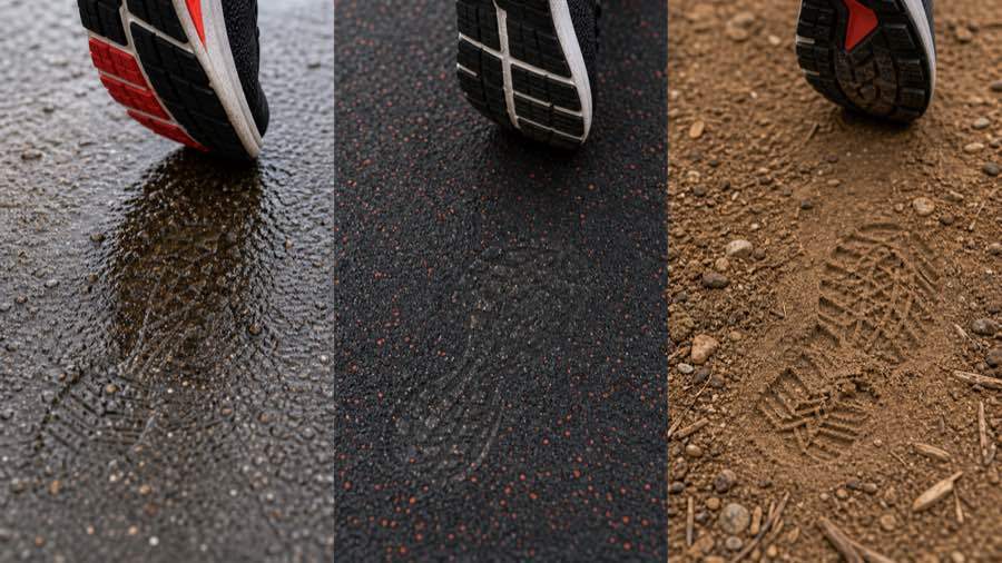 Generic shoe soles and footprint impressions across wet road pavement, rubber gym flooring, and compact dirt trail surfaces