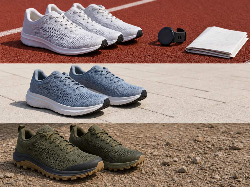 Unbranded workout road and trail running shoes shown on track pavement and dirt