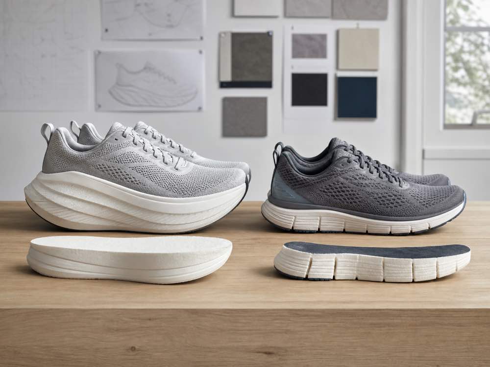 Unbranded tall rocker running shoes beside moderately cushioned segmented running shoes