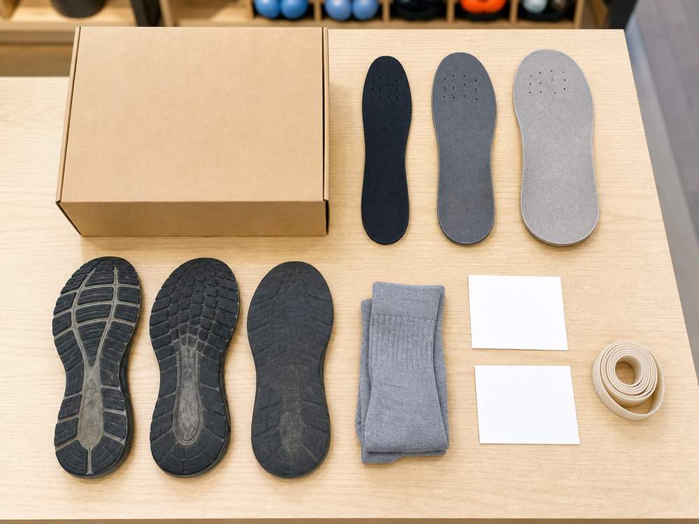 Blank shoebox generic insoles outsoles socks and return cards arranged for a running shoe purchase check