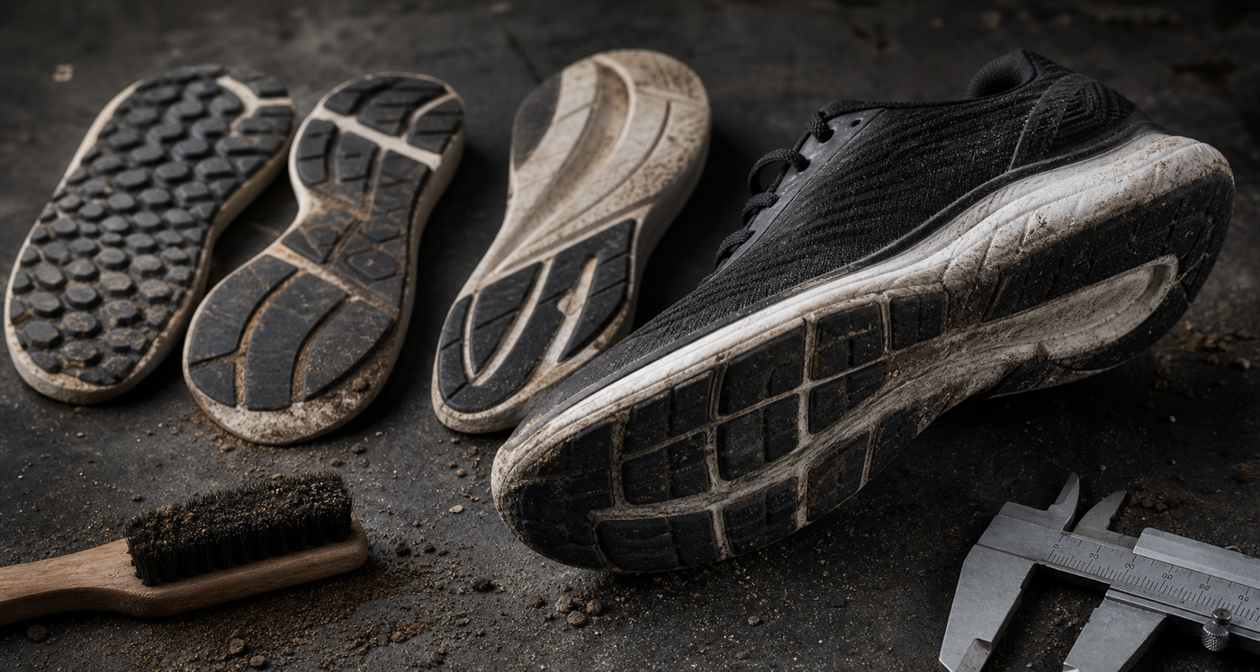 Close-up of generic running shoe outsoles, worn rubber, road dust, brush, and calipers for durability review