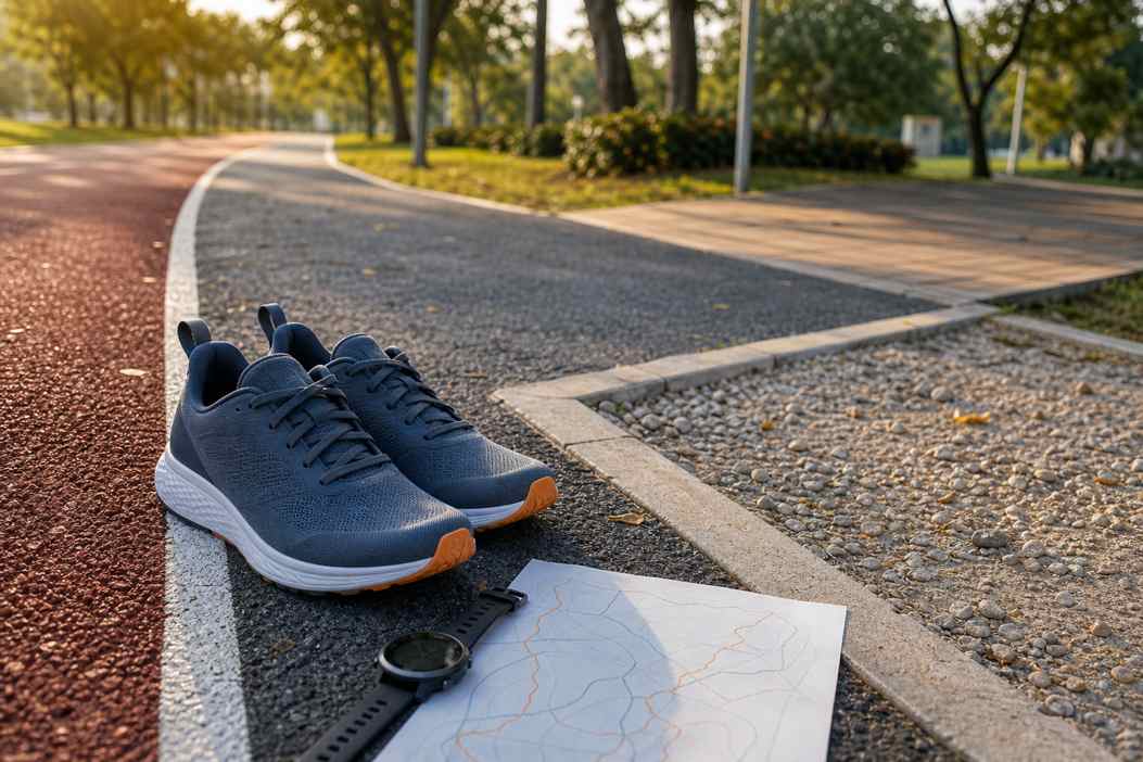 Generic running shoes beside an abstract route map and GPS watch on pavement, track surface, and gravel for running shoe testing