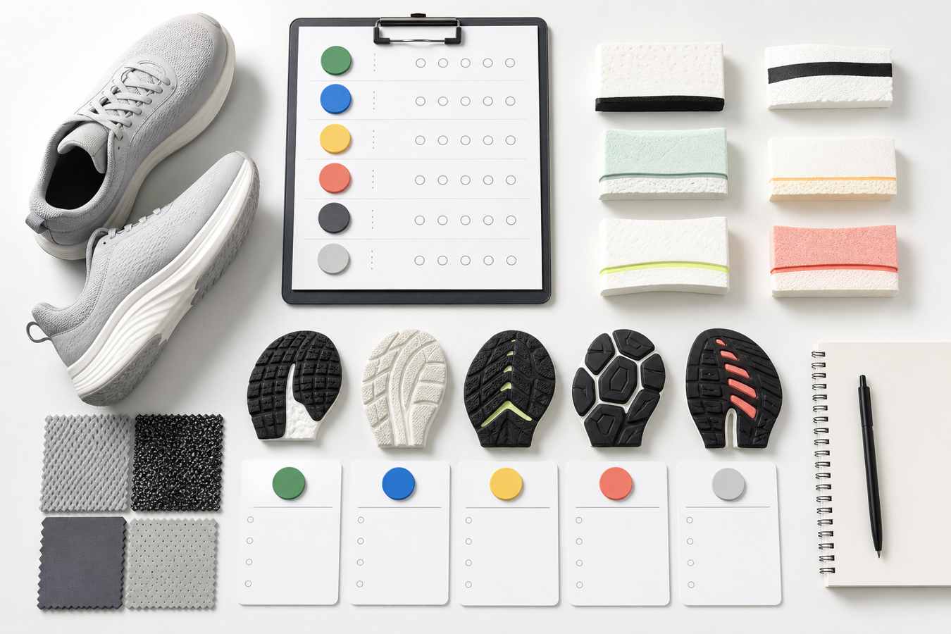 Generic running shoe review scorecard with foam samples, outsole pieces, blank rating cards, and unbranded running shoes