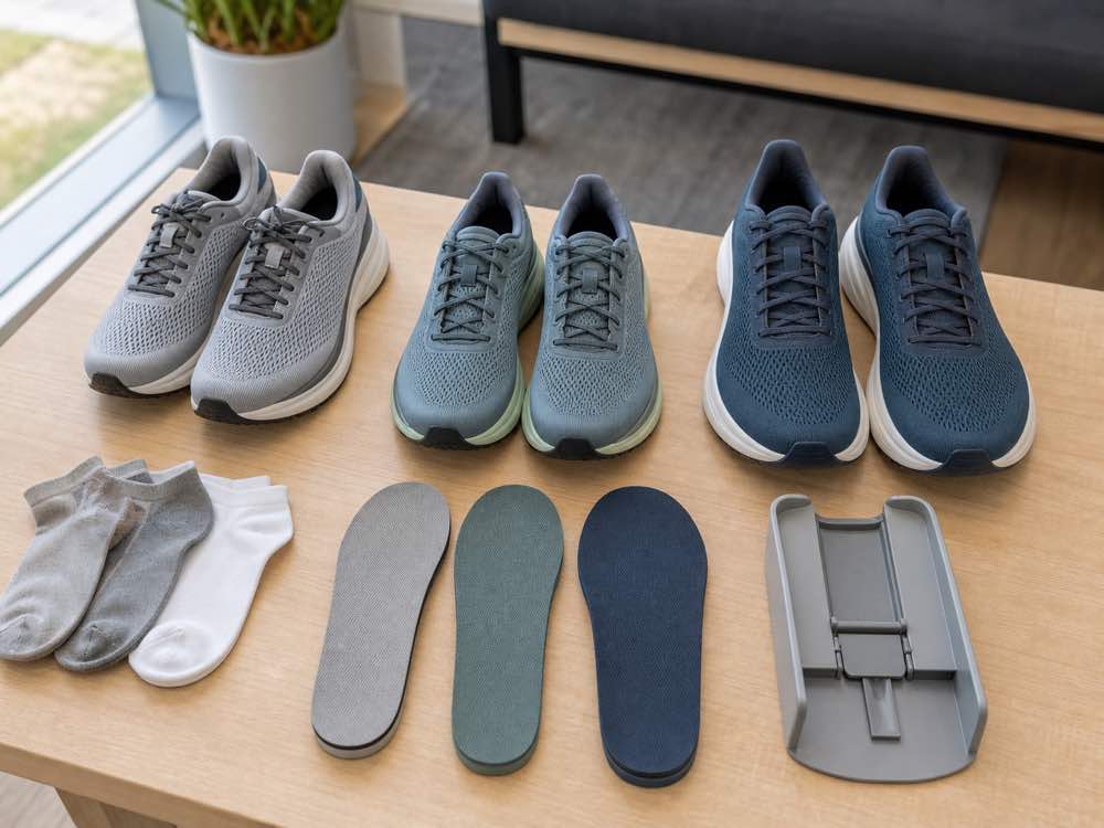 Three unbranded supportive running shoe pairs with removable insoles of different widths
