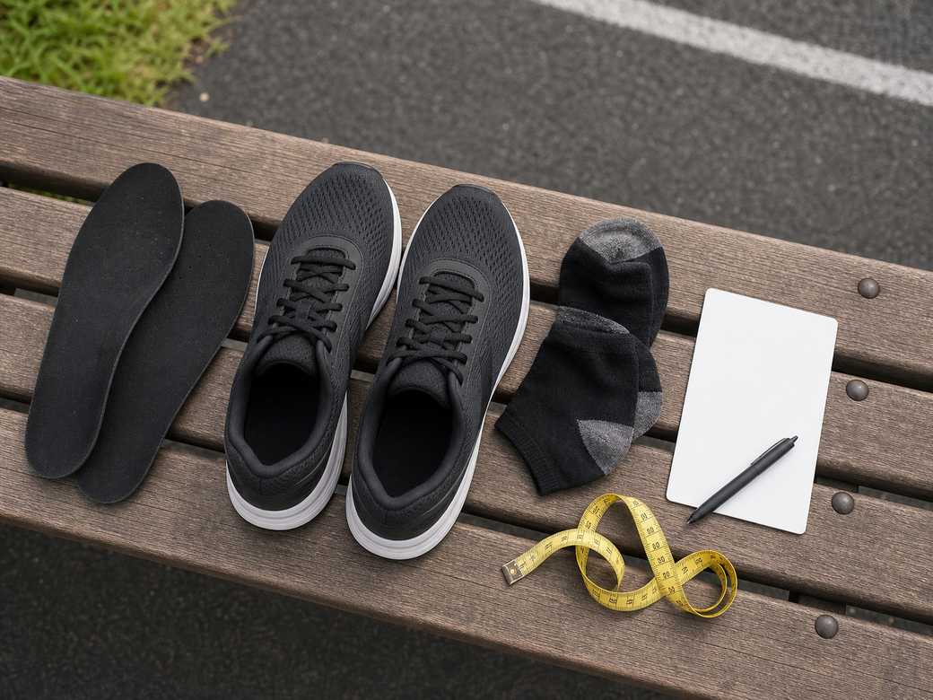 Unbranded running shoes with removable insoles socks blank checklist card and measuring tape on a bench