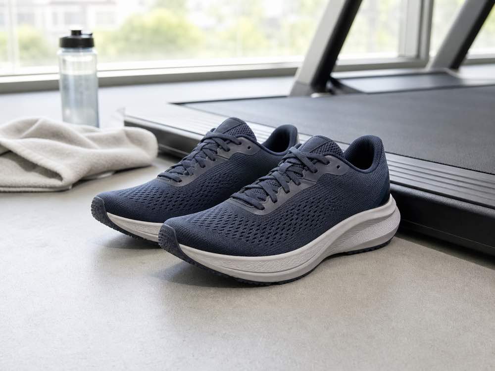 Unbranded cushioned road running shoes beside an indoor treadmill