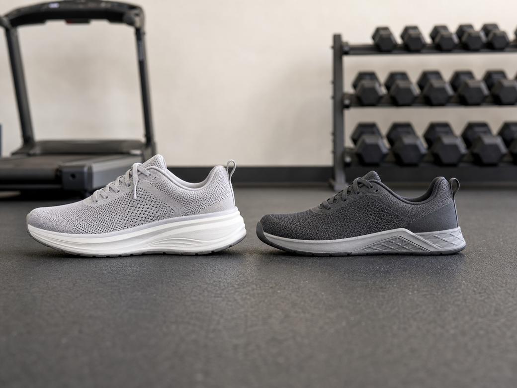 Generic running shoe and generic training shoe side by side on a gym floor