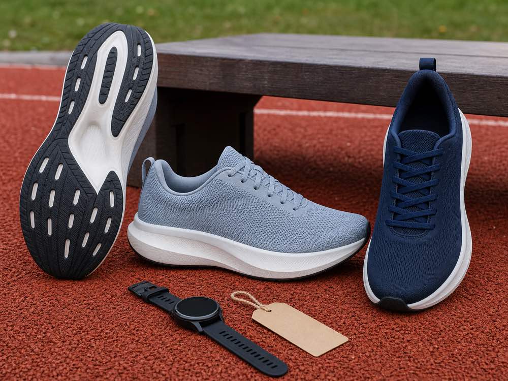 Three unbranded speed running shoes showing outsole side and top views on a track