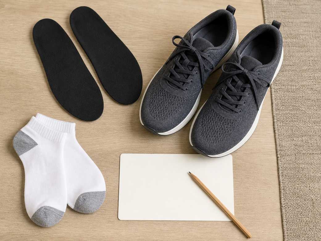 Unbranded shoes with socks insoles and a blank checklist card for standing all day fit checks