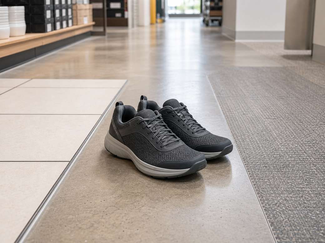 Unbranded cushioned shoes on different hard workday floor surfaces