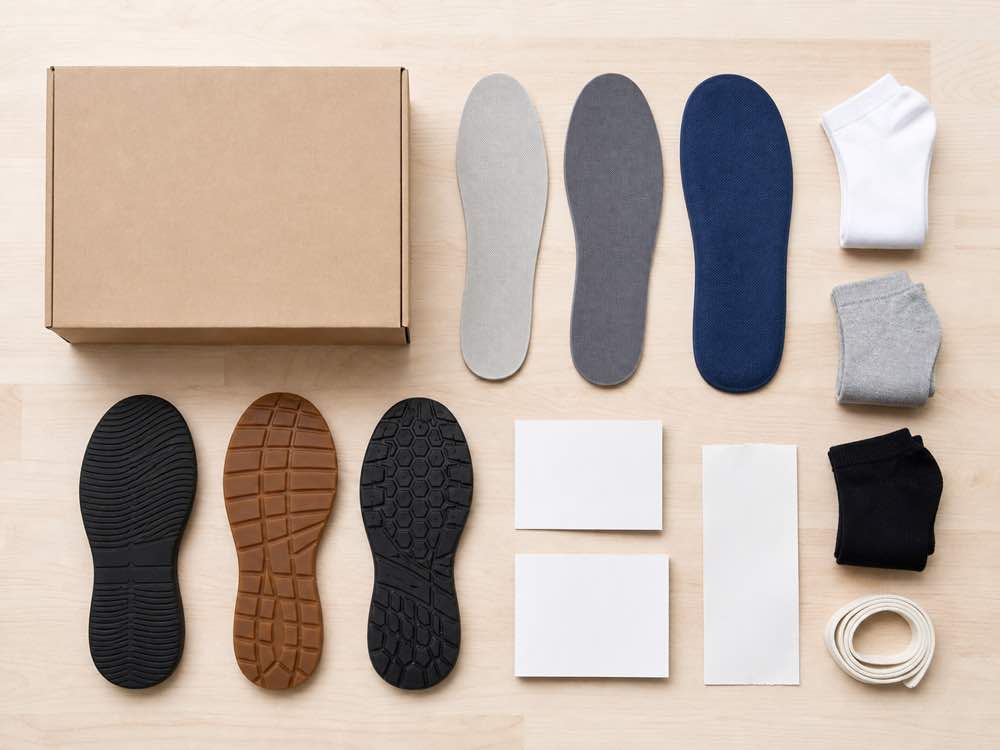 Blank shoebox generic insoles outsoles socks and return cards arranged for a training shoe purchase check