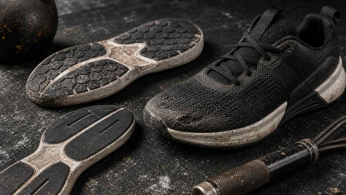 Close-up of generic training shoe outsole wear, sidewall scuffs, chalk dust, jump rope handle, and kettlebell edge after gym workouts