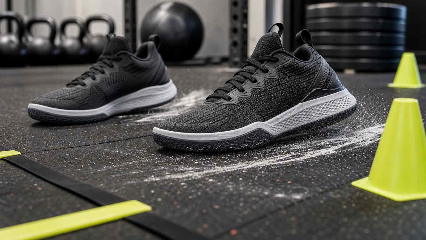 Generic training shoes making a side-to-side stop on rubber gym flooring with chalk dust, cones, and agility ladder edge