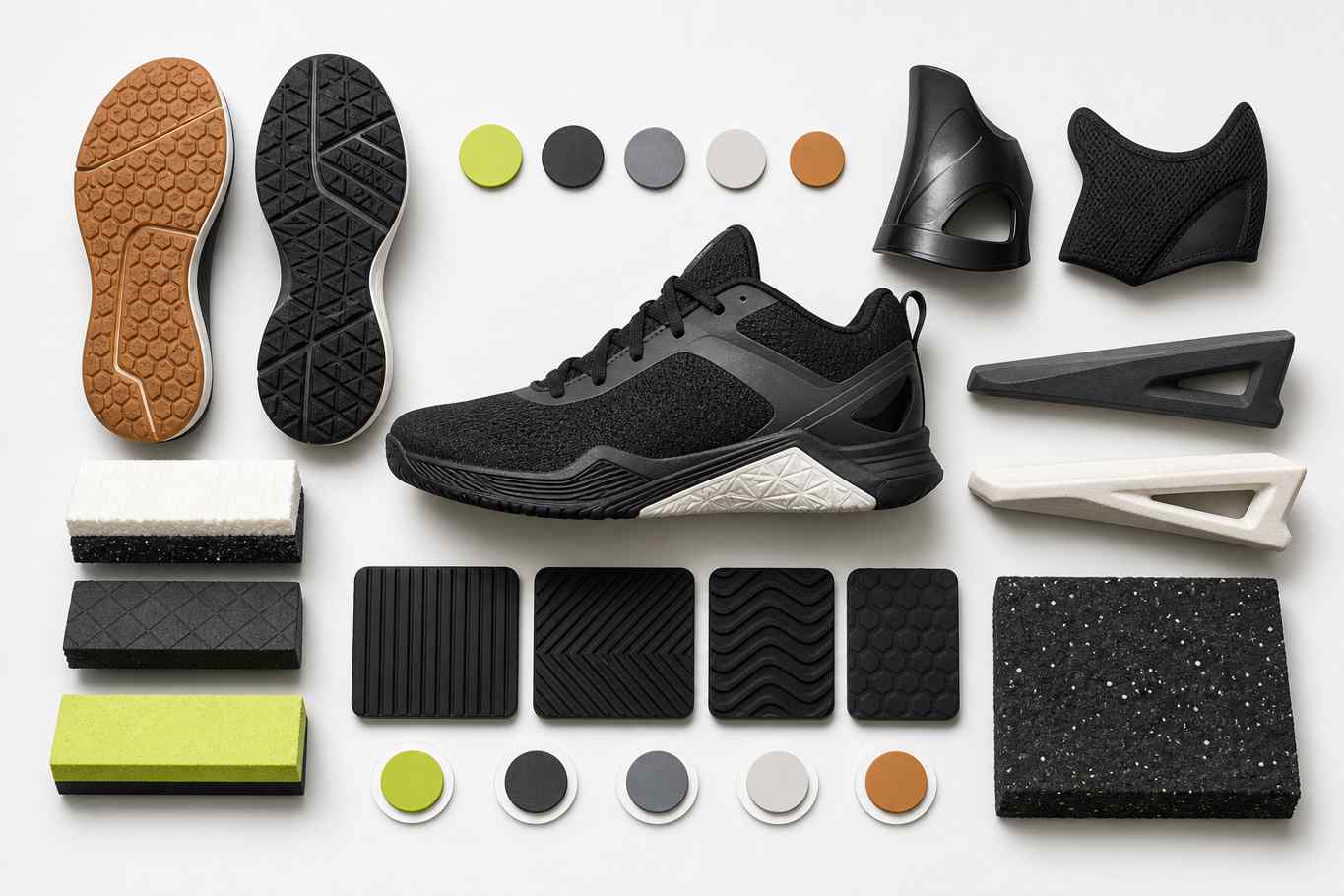 Generic training shoe stability materials board with flat outsole sections, heel counter samples, sidewall blocks, foam slabs, and rubber floor tiles