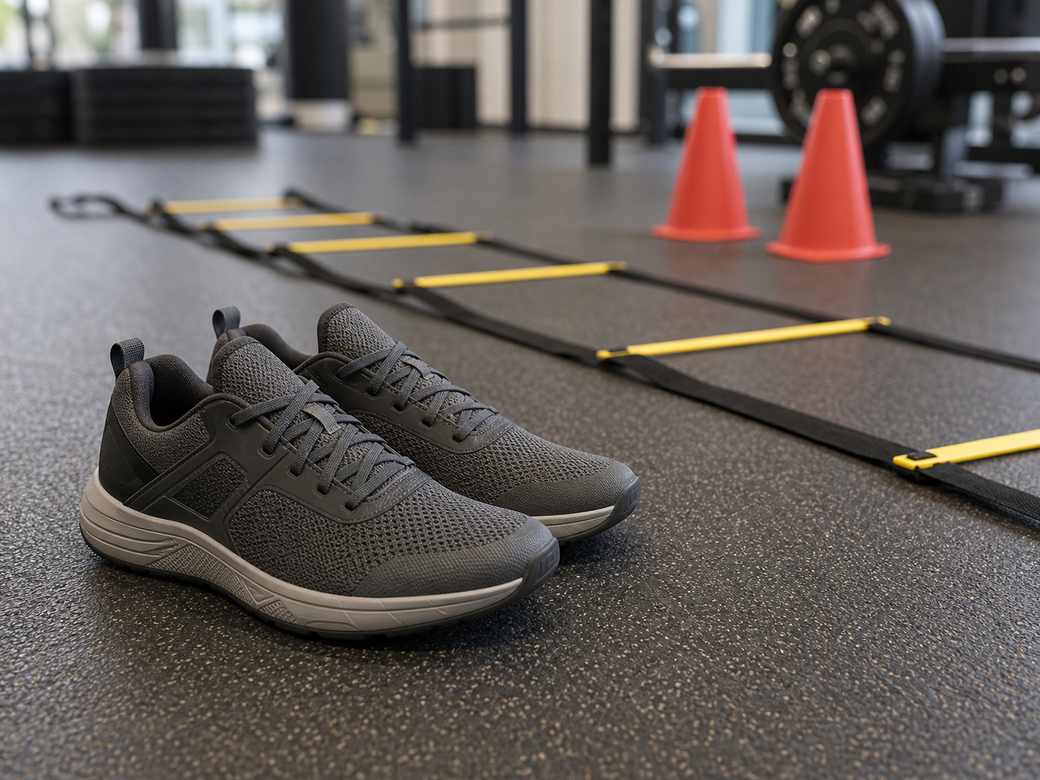 Unbranded training shoes beside agility ladder and cones on rubber gym flooring