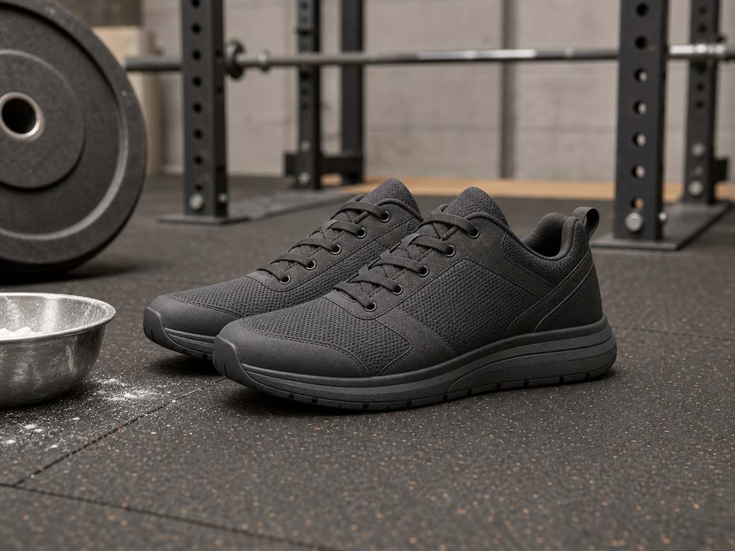 Unbranded flat training shoes beside a barbell plate and chalk bowl on rubber gym flooring