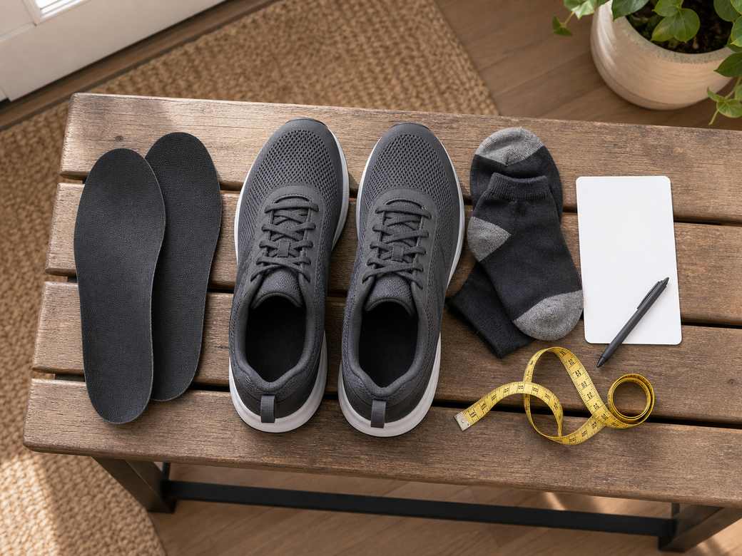 Unbranded walking shoes with removable insoles socks blank checklist card and measuring tape on a bench