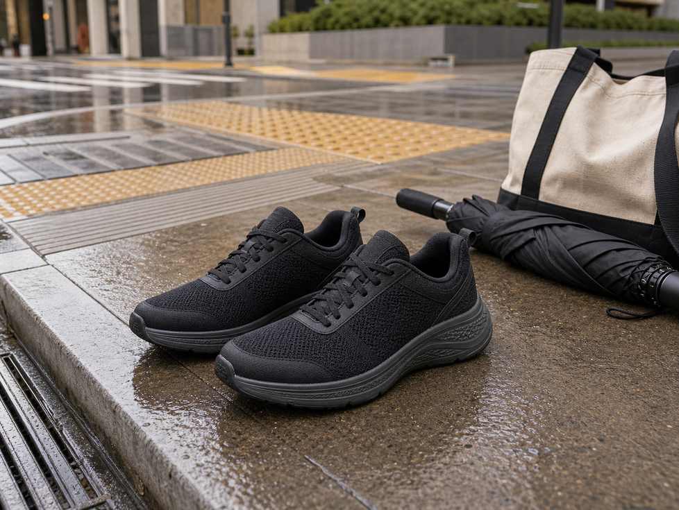 Unbranded walking shoes on a wet city sidewalk beside umbrella tote bag and textured curb ramp