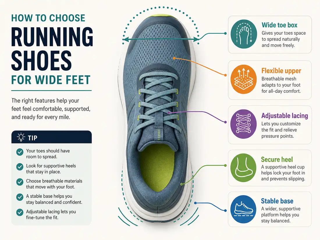 Infographic showing wide toe box, flexible upper, adjustable lacing, secure heel, and stable base features in running shoes