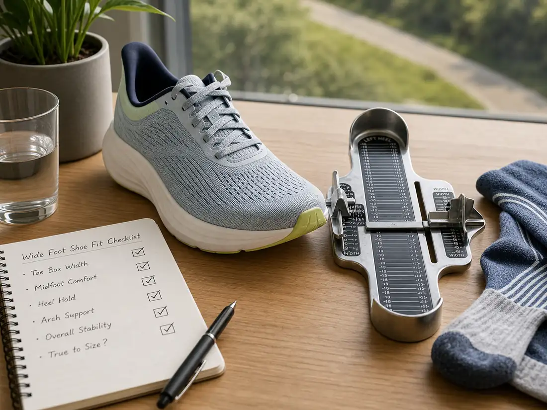 A wide-foot running shoe fitting checklist beside a foot measuring device and running socks