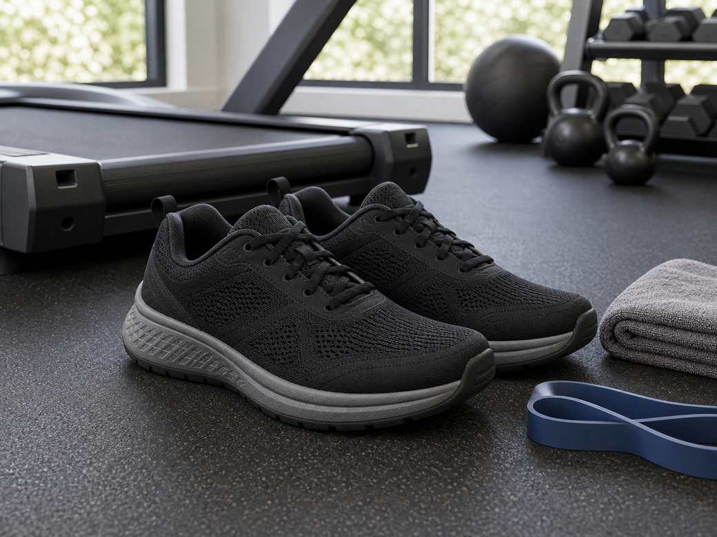 Unbranded wide-fit athletic shoes on gym flooring beside treadmill deck towel and resistance band