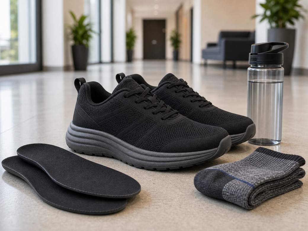 Unbranded roomy cushioned shoes on an indoor hallway floor with insoles socks and water bottle
