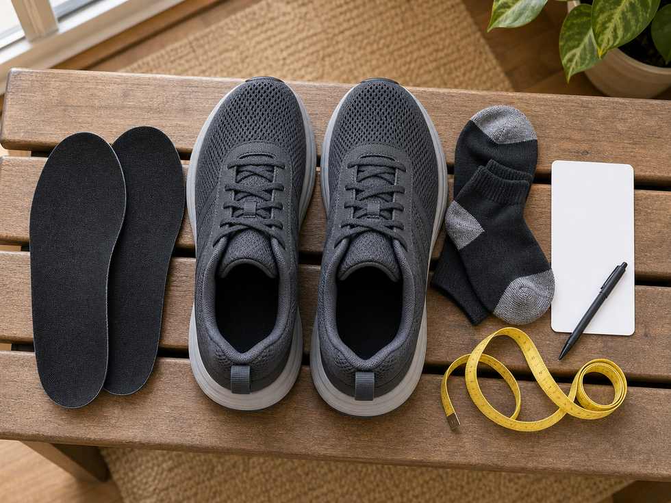 Unbranded wide-fit shoes with removable insoles socks blank checklist card and measuring tape on a wooden bench