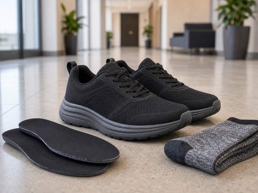 Unbranded roomy cushioned walking shoes on an indoor hallway floor with insoles and socks