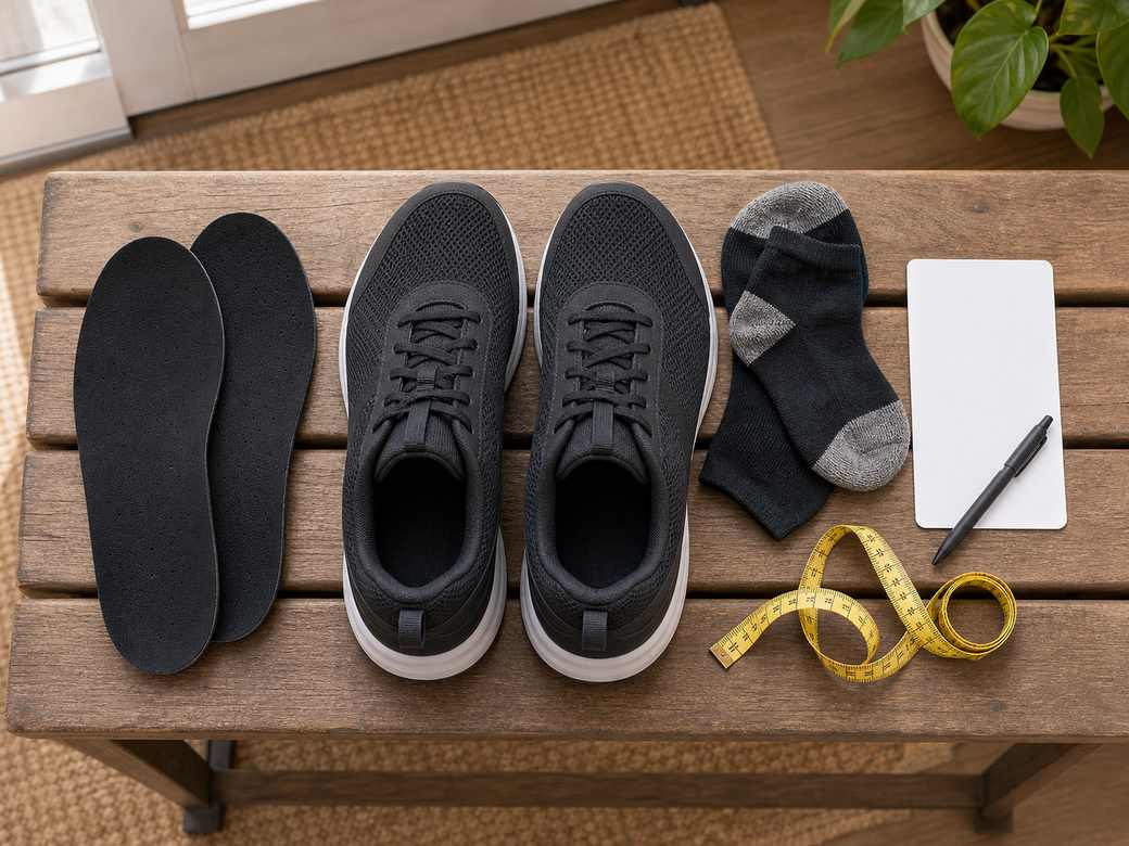 Unbranded wide walking shoes with removable insoles socks blank checklist card and measuring tape on a bench