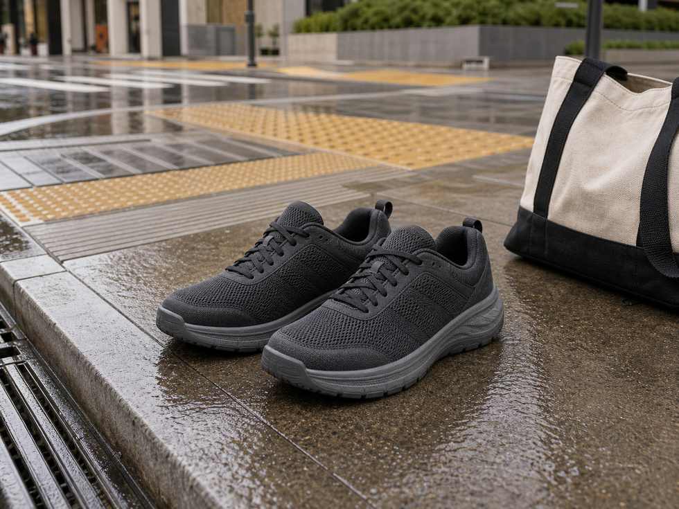 Unbranded wide walking shoes on a wet city sidewalk beside curb ramp textured paving and tote bag